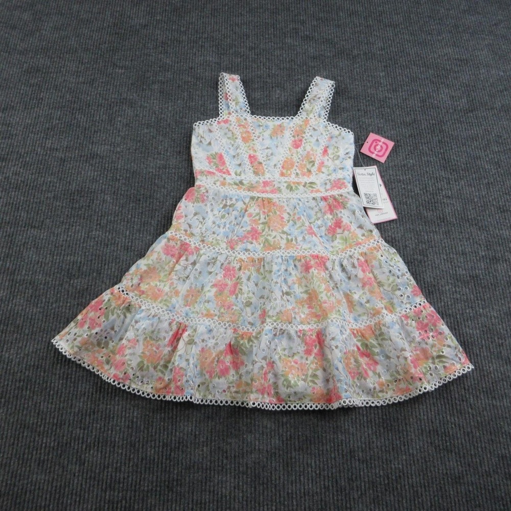 Rare Editions Dress Girls 10 White Blue Floral Sundress Strappy Sleeve Lined NWT